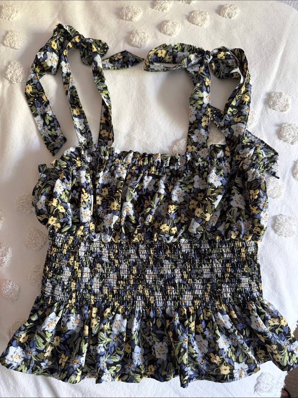 Forever 21 Black Floral Smocked Adjustable Tie-Strap Tank Top
